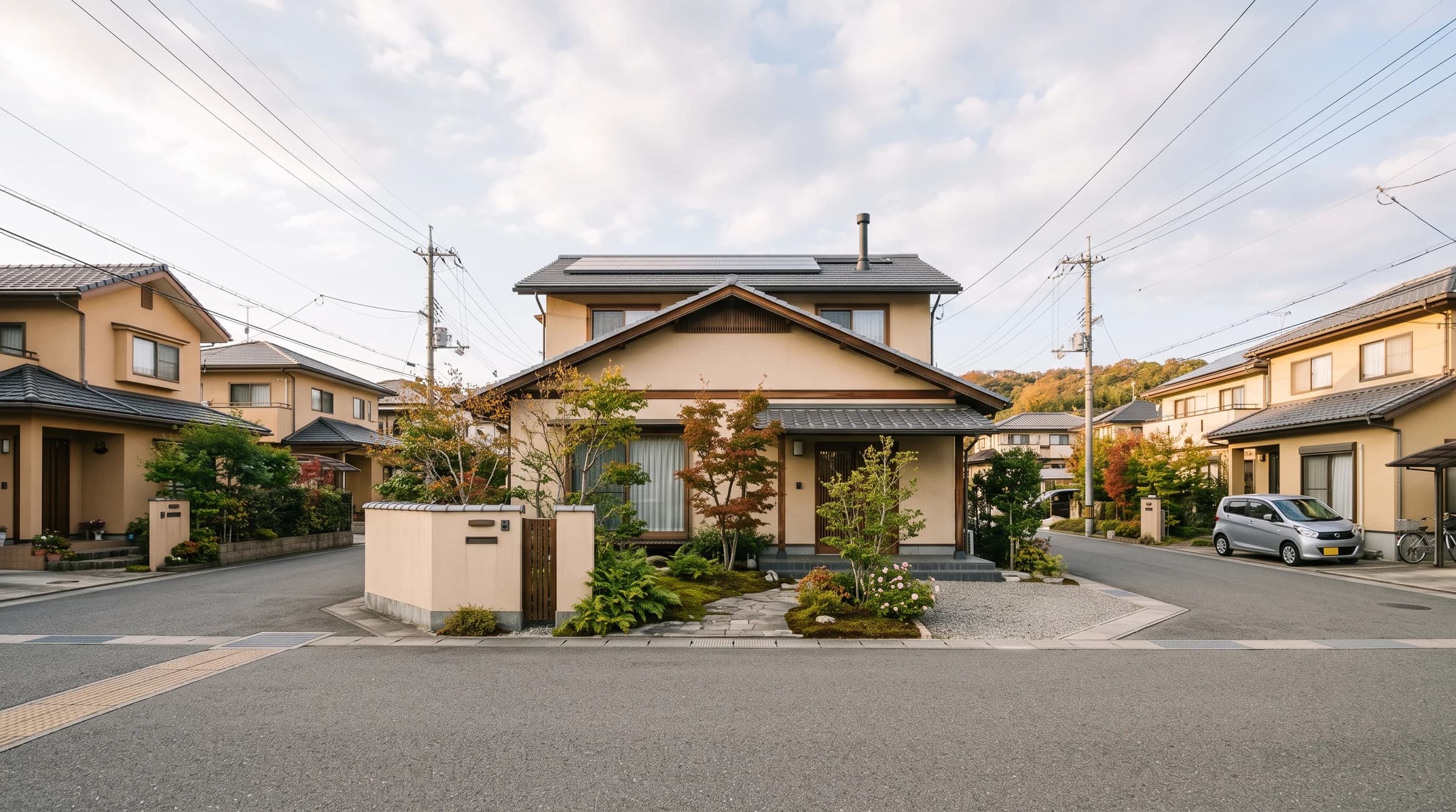 庭と瓦屋根のある住宅街の生成イメージ