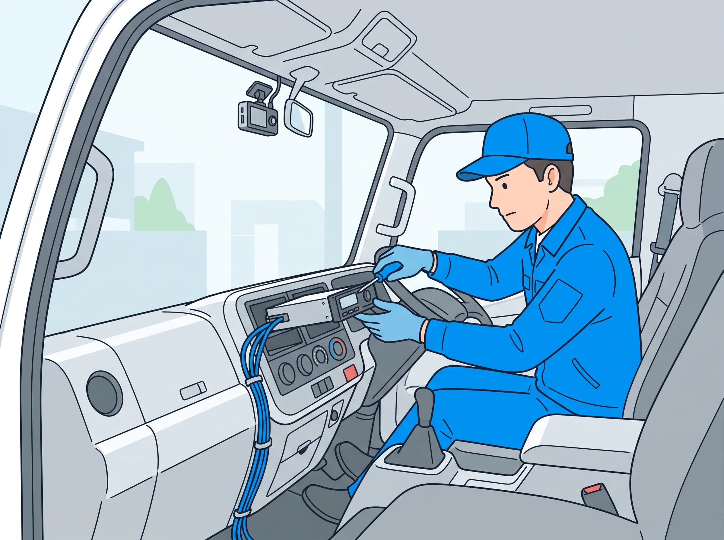 運転席に機器を取り付ける技術者